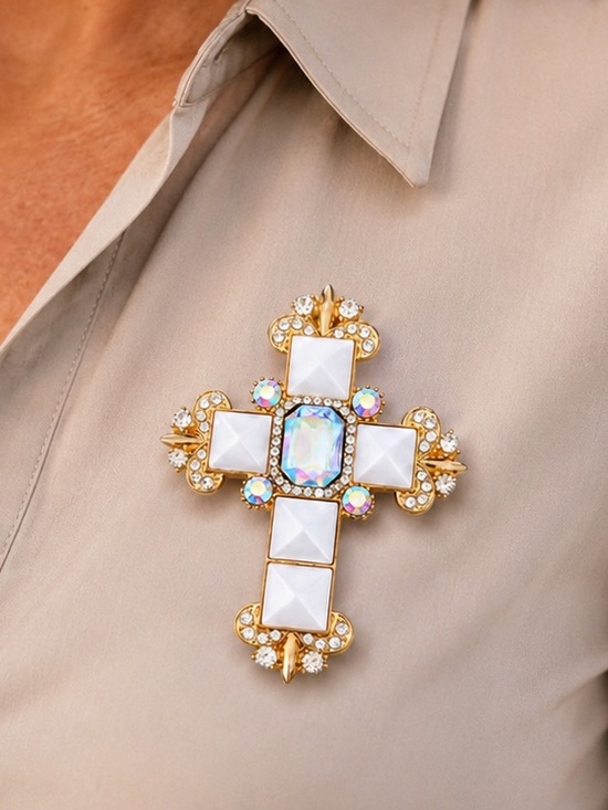 Jewelry - ✨ Glam Cross Brooch – Gold, White & Iridescent Crystal Statement Pin ✨